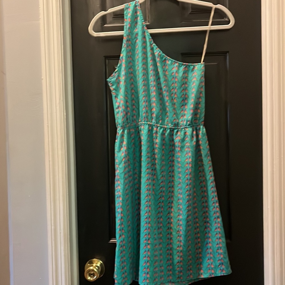 Everly Turquoise One Shoulder Bird Pattern Dress